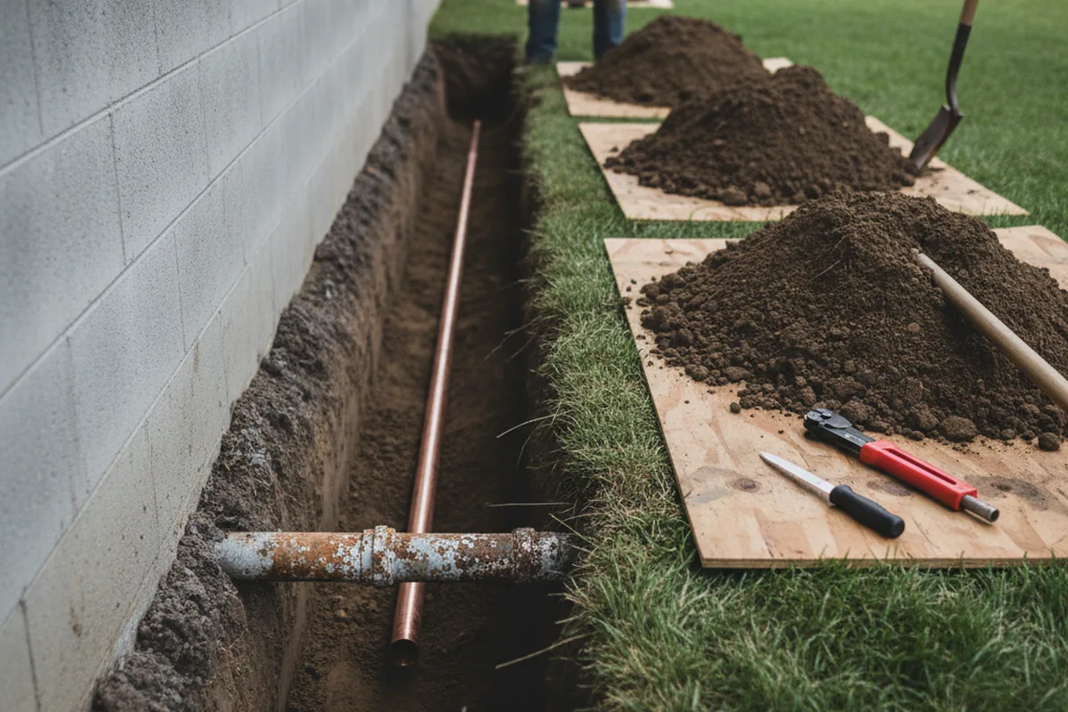 Excavated water line trench during Sewer Line Repair in Walton